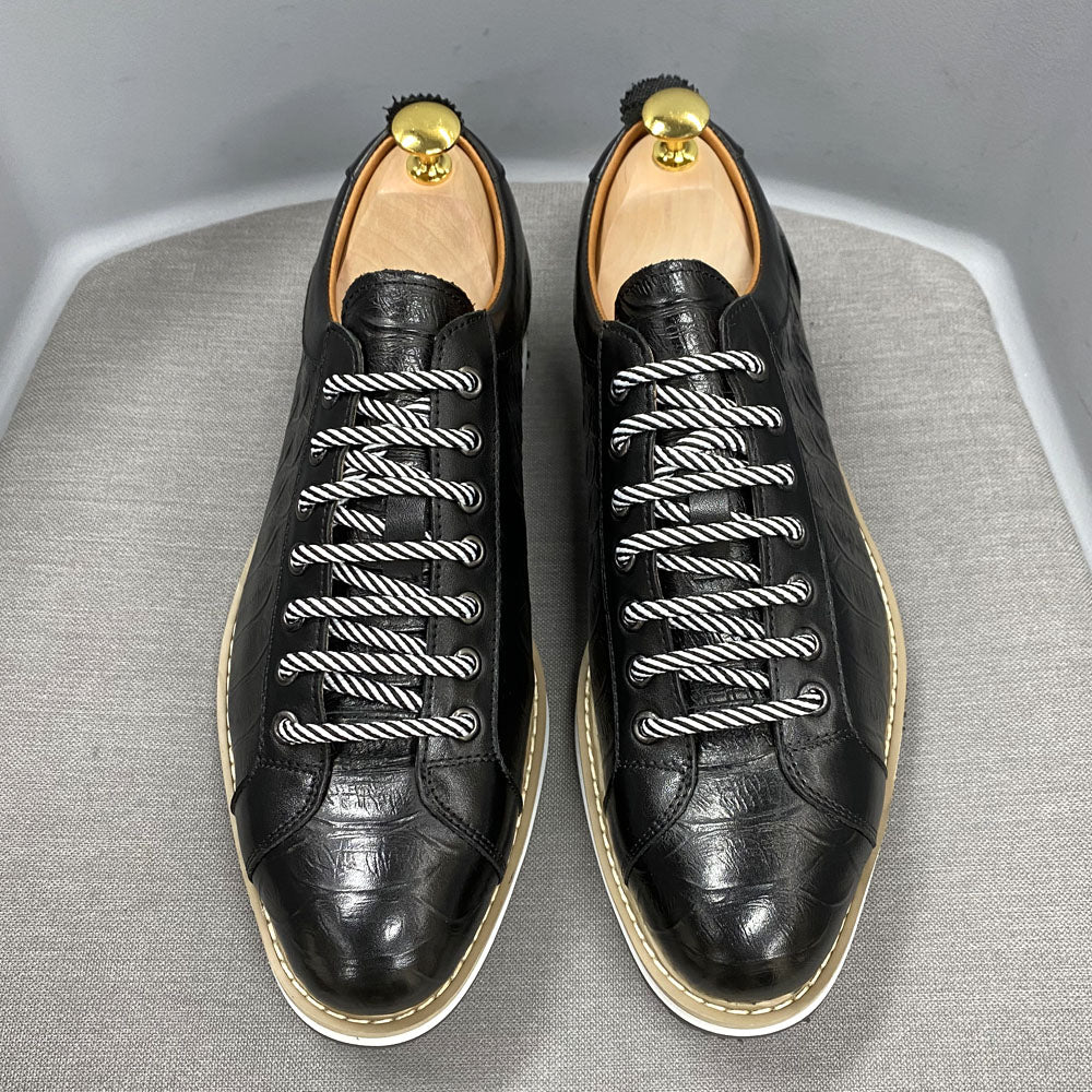 European Style Men&#39;s Casual Shoes Real Cow Leather Green Black Fashion Designer Luxury Crocodile Print Street Flat Shoes for Men