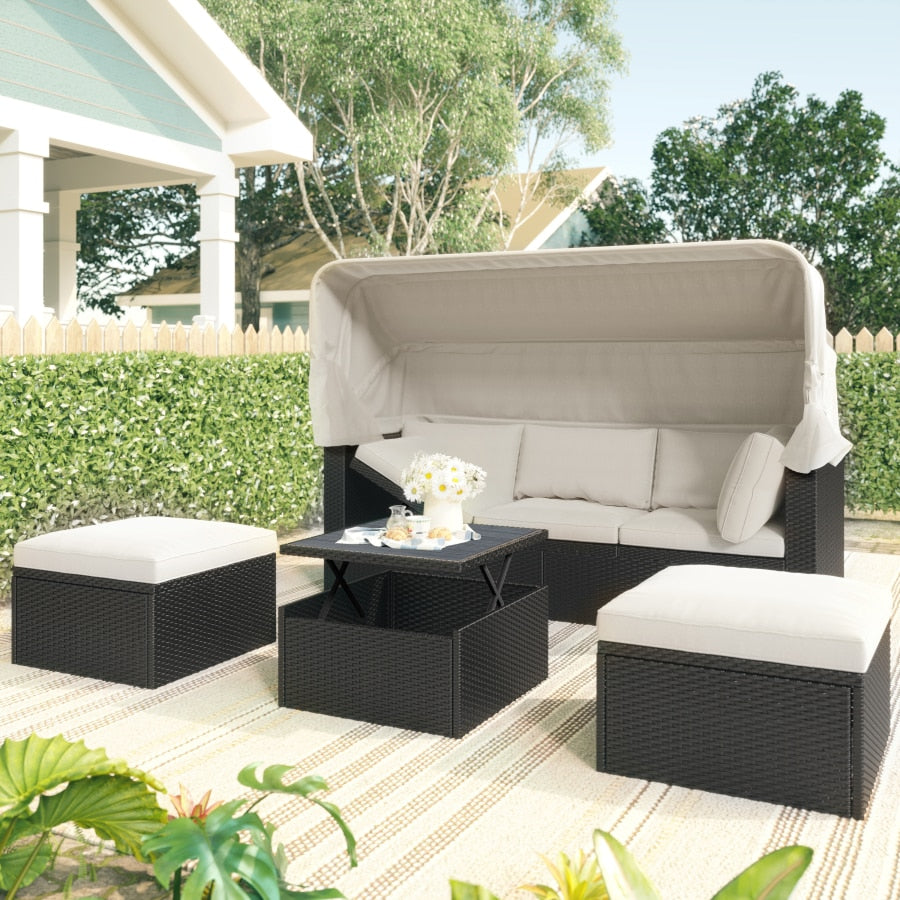Outdoor garden furniture rattan sofa bed and retractable canopy, round outdoor sofa set, wicker furniture clamshell seat beige.
