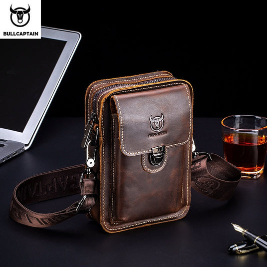 BULLCAPTAIN Crazy Horse Leather Male Waist Pack Phone Pouch Bags Waist Bag Men's Small Chest Shoulder Belt Bag Back Pack YB075