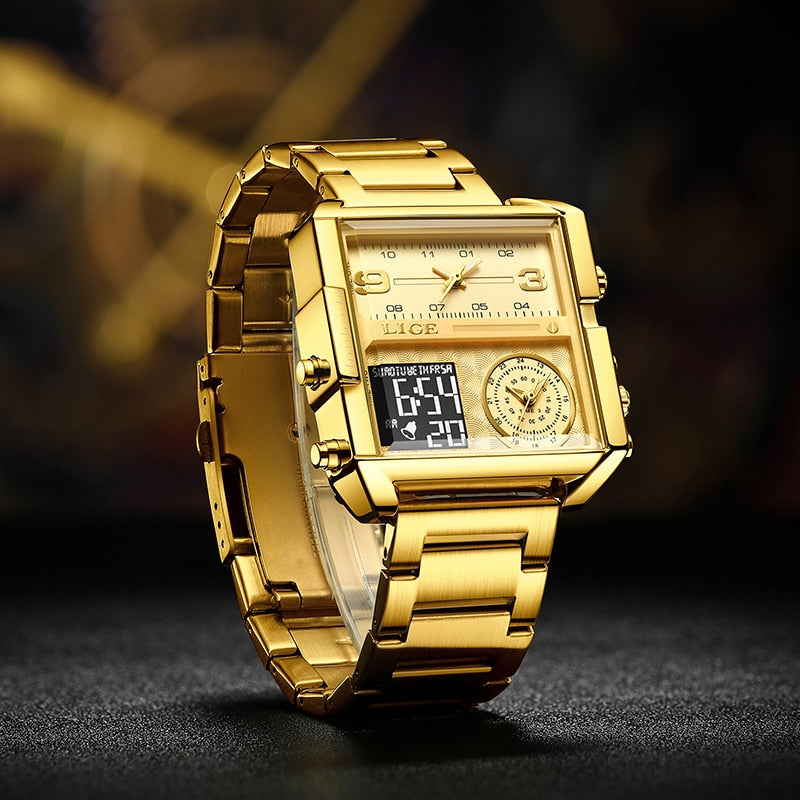 LIGE New Top Brand Luxury Fashion Men Watches Gold Steel Sport Square Digital Analog Big Quartz Watch for Man relogio masculino