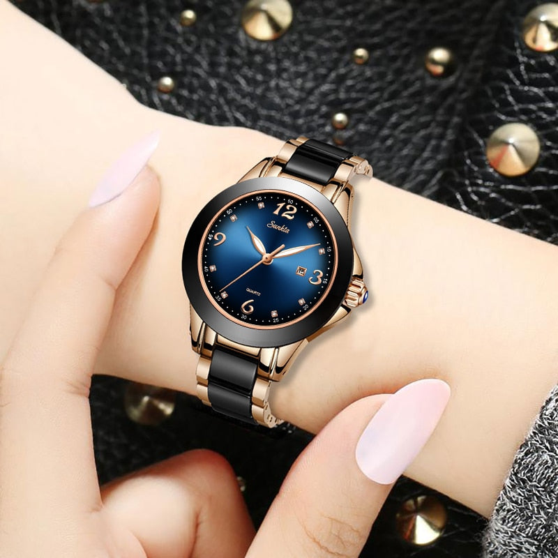 Women&#39;s Watches SUNKTA Ladies Quartz Watch Fashion Waterproof Ceramic Stainless Steel Band Watch Black Gold Wrist Watch+Box