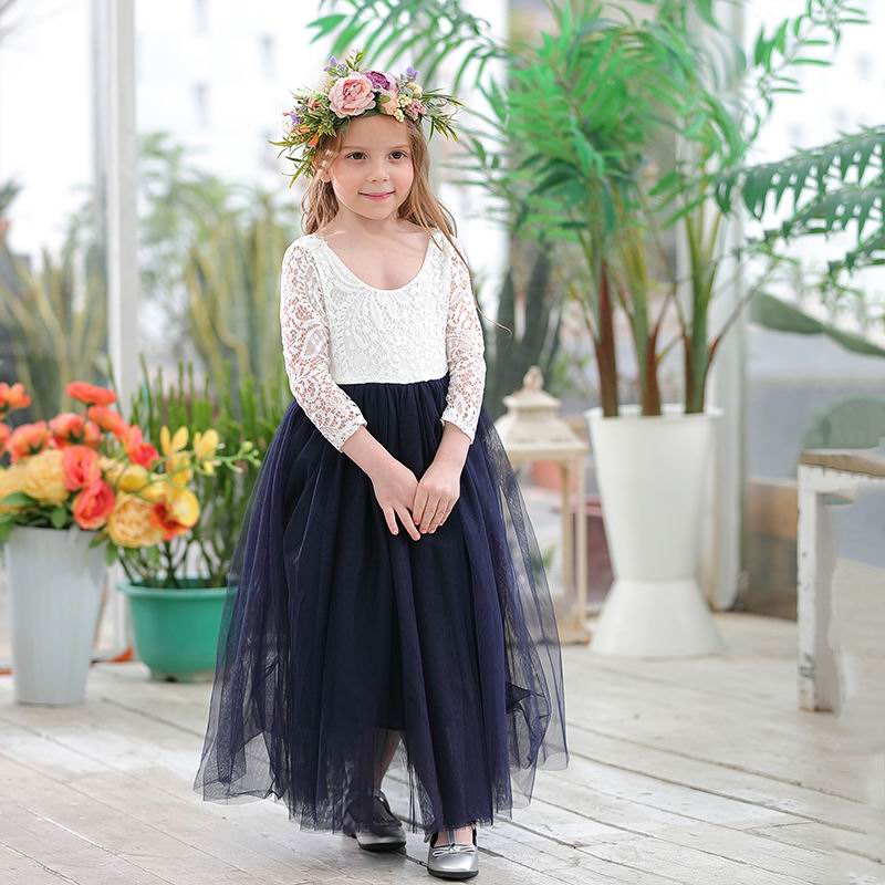 Princess Dress for Girls Ankle Length Wedding Party Dress Eyelash Back White Lace Beach Dress Children Clothing E15177