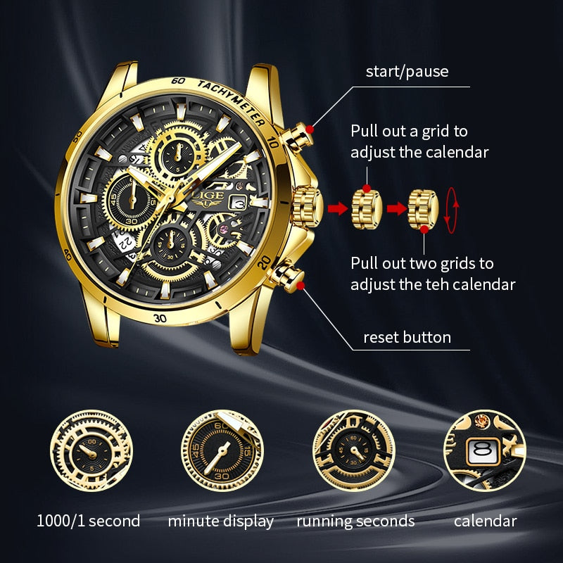 LIGE New Fashion Mens Watches Gold Stainless Steel Top Brand Luxury Sports Waterproof Watches Quartz Watch Men Relogio Masculino