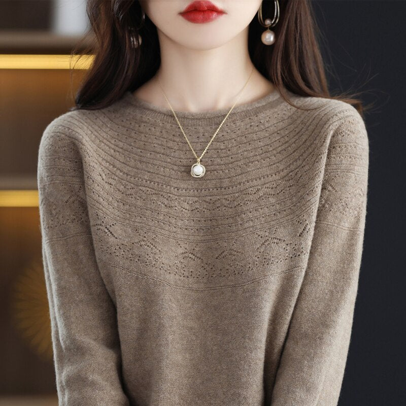 100 Wool Classic Round Neck Cutout Sweater Fashion Cutout Loose Long Sleeve Undercoat New Design Taste Popular Sweater Girl