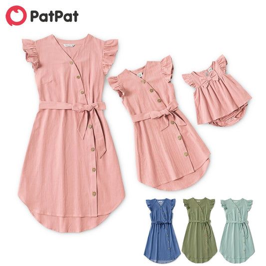 PatPat 100% Cotton Solid Flutter-sleeve Matching Green/Pink/ArmyGreen Midi Dress Family Matching Mother Kids Family Look Clothes