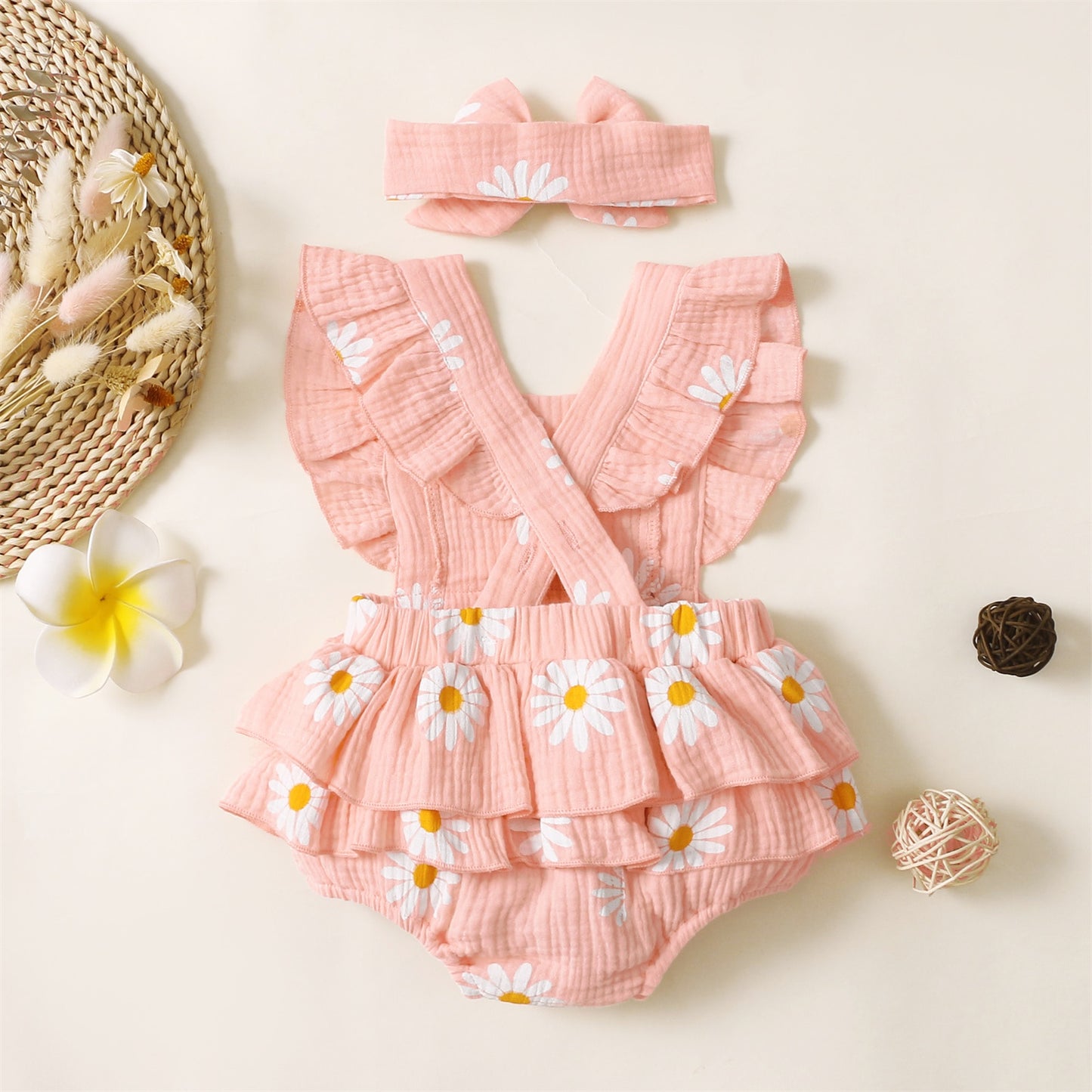 PatPat 100% Cotton 2pcs Baby Girl Bodysuit Daisy Print Crepe Fabric Baby Romper Sets Baby Girls Jumpsuits Clothes