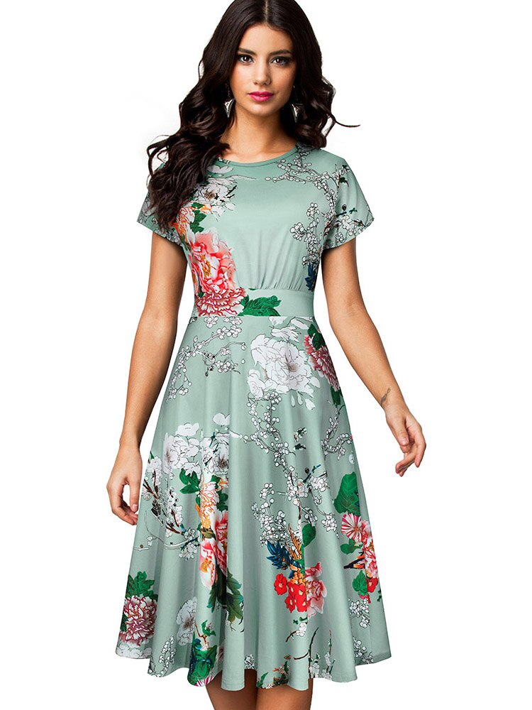 Nice-forever Vintage Elegant Floral Print Pleated Round neck vestidos A-Line Pinup Business Party Women Flare Swing Dress A102