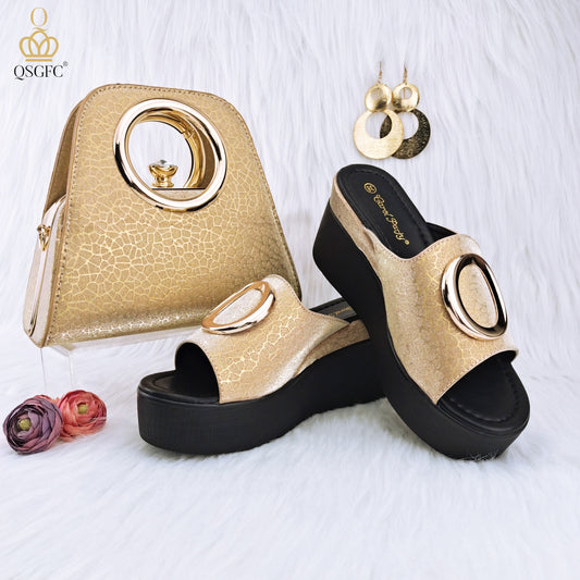 QSGFC New Fashion Simple Gold Flash Matte Surface Ladies Sandals Shoes Bag Set With Waterproof Platform