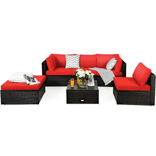 6 PCS Outdoor Patio Sofa Set All Weather Rattan Sectional Sofa Couch with Coffee Table for Garden Backyard Red Cushion