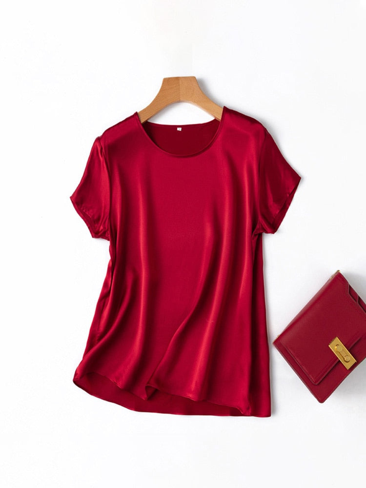 SuyaDream Woman Silk Tee 100%Real Silk Short Sleeved Plain O Neck T Shirt 2022 New Summer Top
