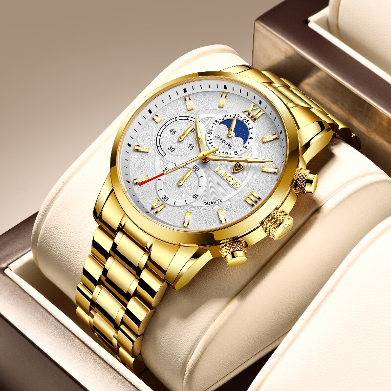 2023 LIGE Business Gold Watch For Men Luxury Original Waterproof Stainless Steel Golden Male Wristwatches Relogio Masculino 2022