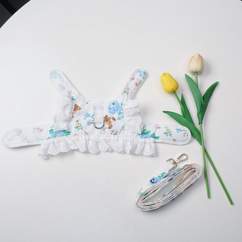 Dog Cat Harness Leash Set Adjustable Lace Floral Pet Harness Vest Cute Puppy Dog Princess Dress Skirt Walking Lead Chihuahua