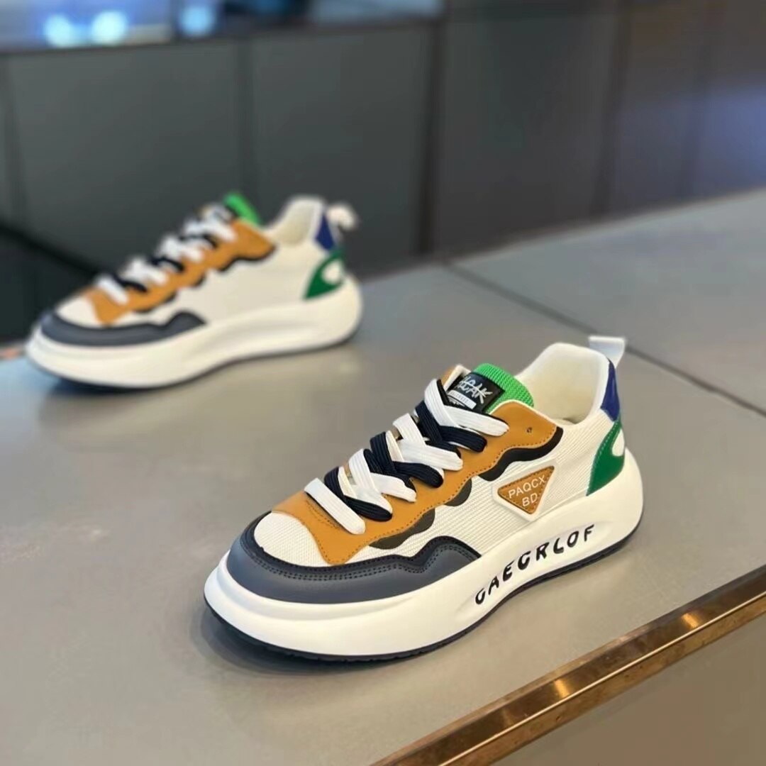 Fashion Color Block Chunky Sneakers Men Comfortable Running Shoes Casual Leather Breathable Height Increased Flat Platform Shoes