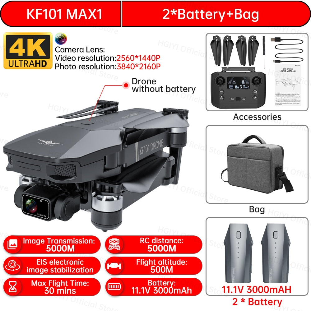 HGIYI KF101 Max Drone 4K Professional 5G WIFI Dron HD EIS Camera Anti-Shake 3-Axis Gimbal Brushless Motor RC Foldable Quadcopter