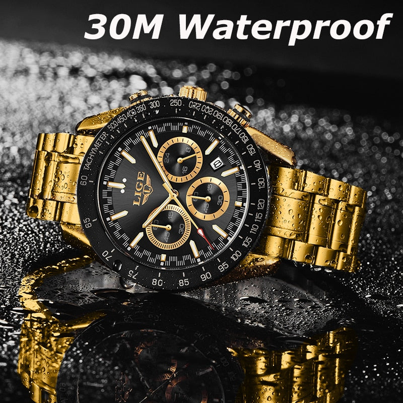 LIGE Luxury Gold Metal Wirst Watches Men 2022 Business Quartz Wristwatches Steel Chain Male Clock relogio masculino Men relojes