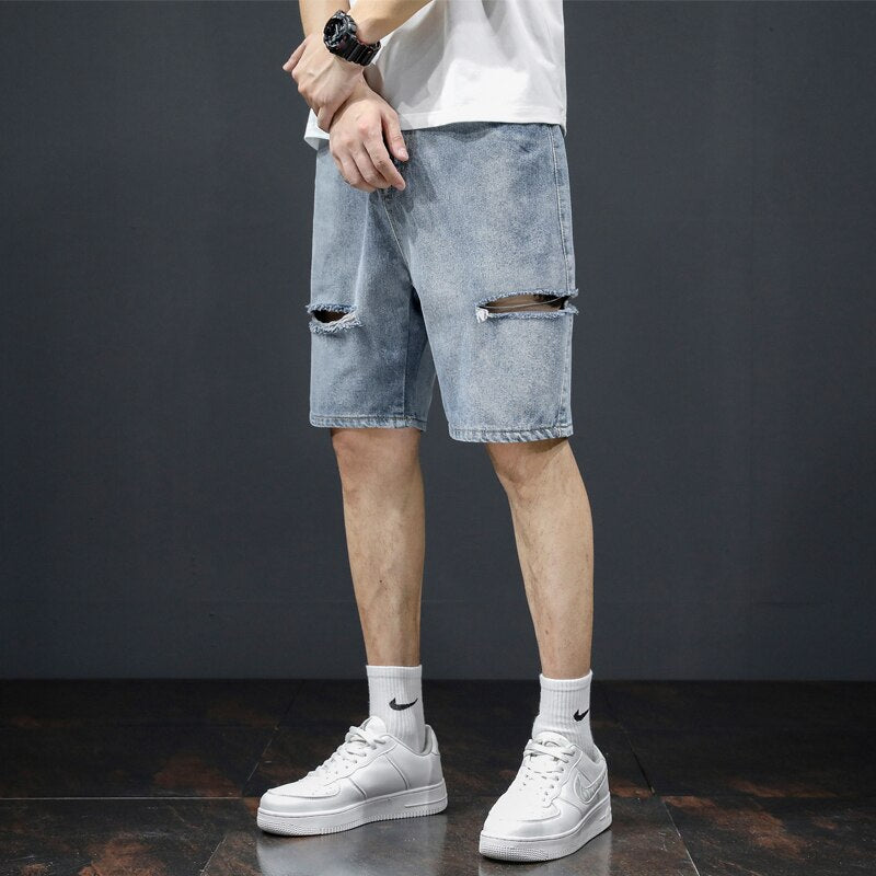 Fashionable Holed Men&#39;s Denim Shorts Street Hip-hop Knife Cut Straight Leg Five-piece Pants Versatile Light Color Pants