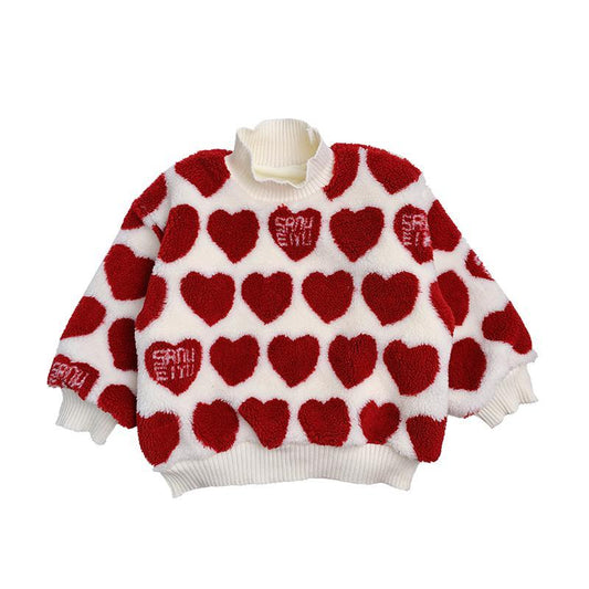 2022 Winter Girls Cute Heart Thick Warm Fleece Sweatshirts Baby Kids Children Pullover Top Outerwear