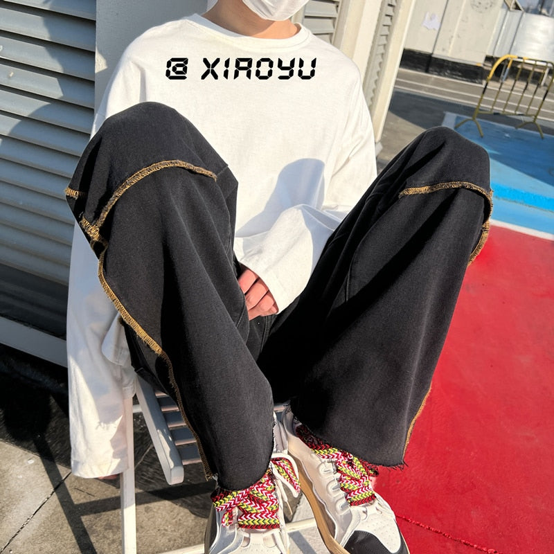 Mens jeans Fashion All-match Trousers Jeans Korean Style High Street Loose Hip Hop Wide-leg Jean Pants Black/Blue