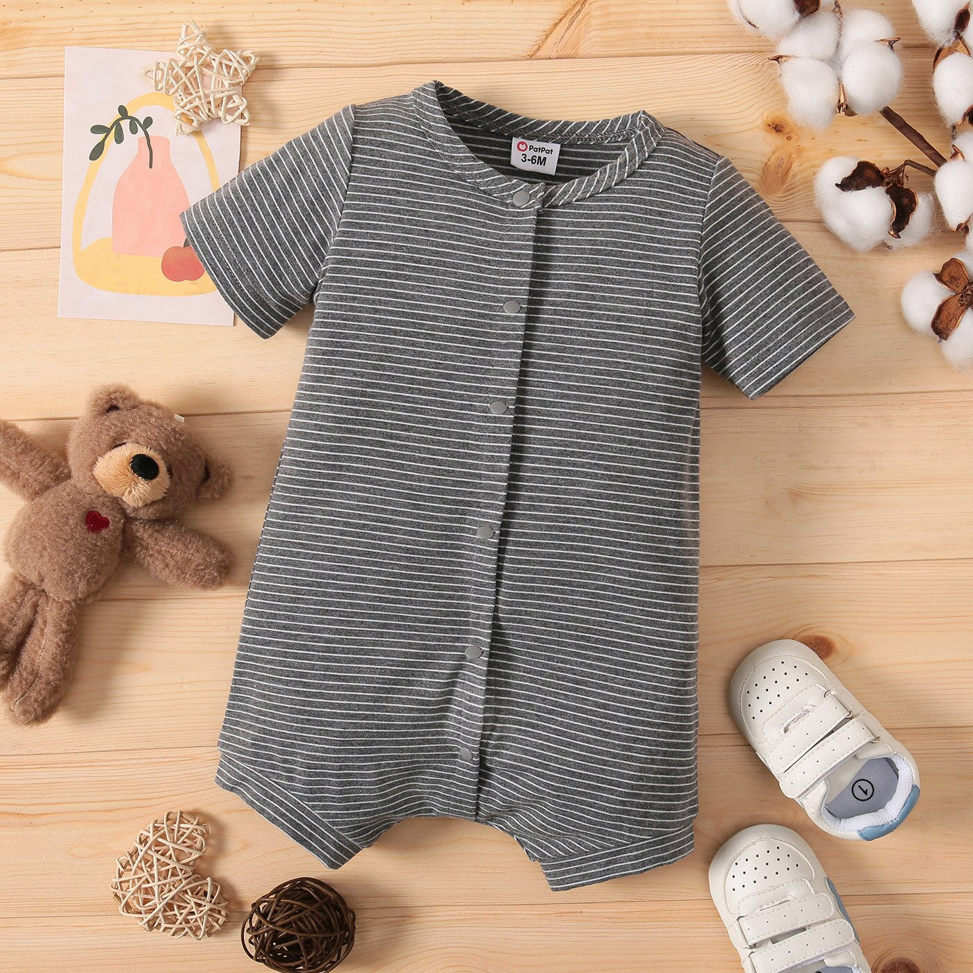 PatPat Baby Boy Koala Print White/Grey Striped Short-sleeve Snap Romper