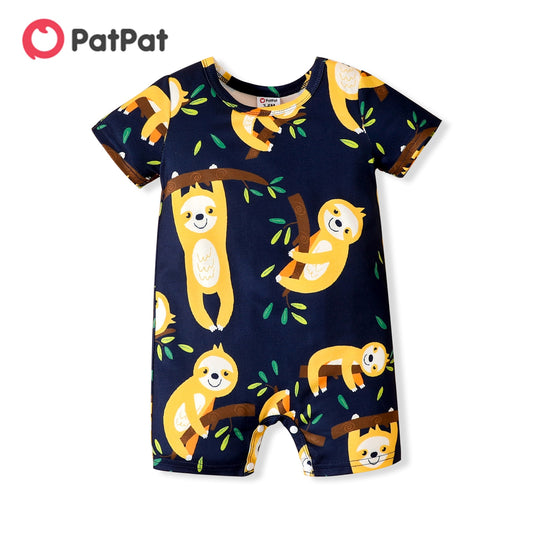 PatPat Baby Boy All Over Cartoon Sloth Print Black Short-sleeve Romper