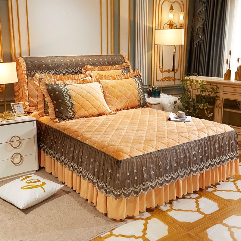 Luxury Winter Quick Warm Velvet Bed Skirt Super Soft Thick Flannel Quilted Bedspread Anti-slip Bed Cover Not Included Pillowcase
