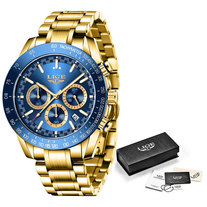 LIGE Luxury Gold Metal Wirst Watches Men 2022 Business Quartz Wristwatches Steel Chain Male Clock relogio masculino Men relojes