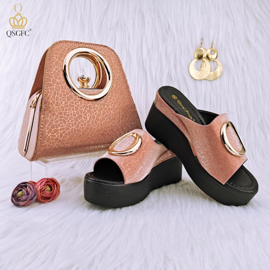 QSGFC New Fashion Simple Gold Flash Matte Surface Ladies Sandals Shoes Bag Set With Waterproof Platform