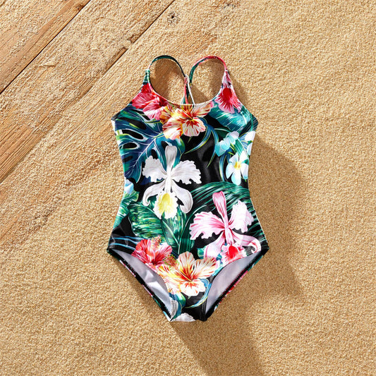 PatPat Family Matching Allover Floral Print Swim Trunks Shorts and Spaghetti Strap One-Piece Swimsuit