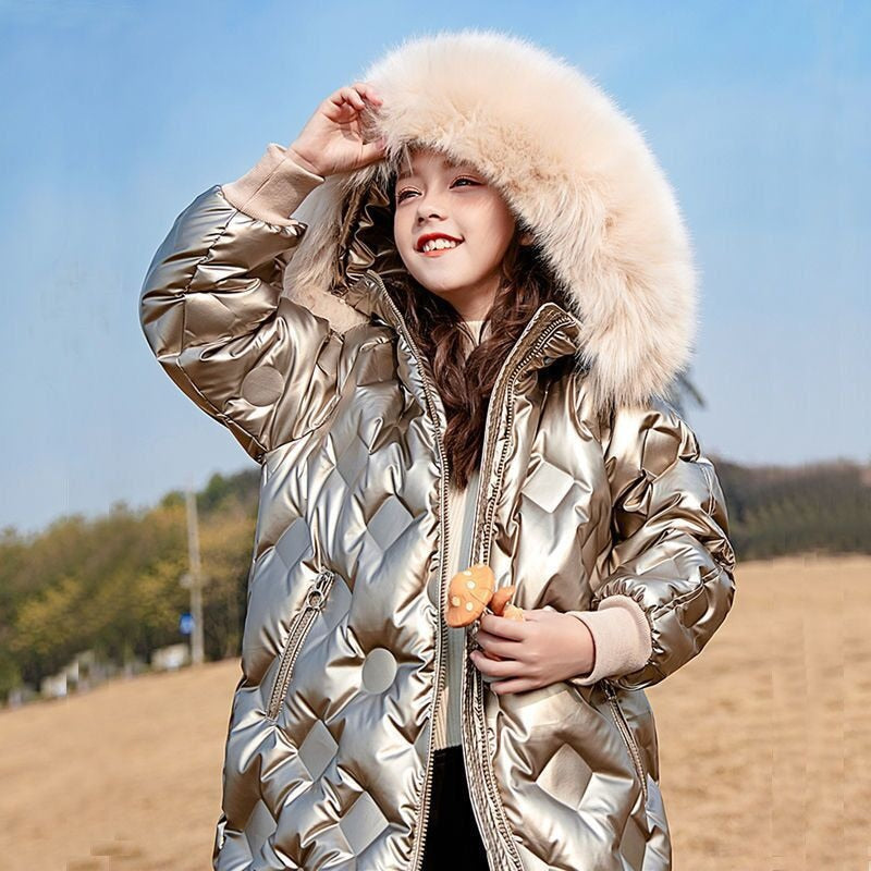 2022 Girls Parka Long Coats Winter Waterproof Fur Collar Hooded Jackets Big Kids Thick Warm Cotton Outerwear Teenage Snowsuit