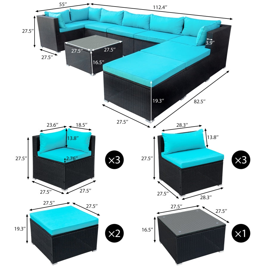 9-piece Outdoor Patio PE Wicker Rattan conversation Sectional Sofa sets removable soft cushions Black wicker, Beige/blue cushion