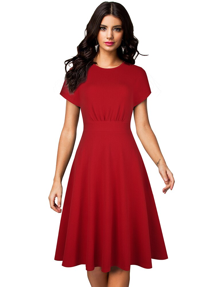 Nice-forever Vintage Elegant Floral Print Pleated Round neck vestidos A-Line Pinup Business Party Women Flare Swing Dress A102