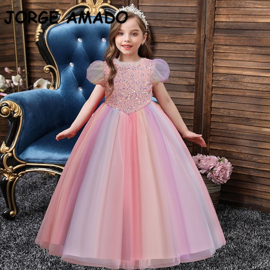2022 Europe Summer Party Dress Girl Rainbow Short Puff Sleeves Sequined Princess Dress Piano Host Birthday Wedding Dress E323