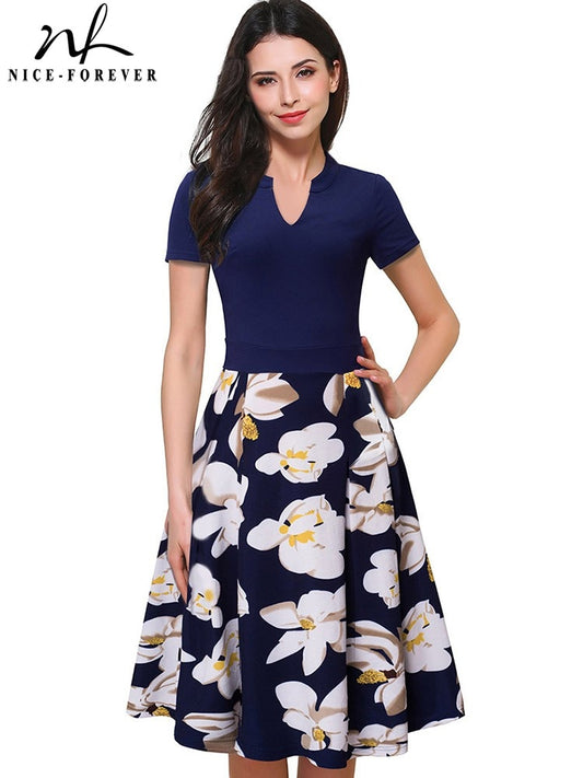 Nice-forever Summer Women Elelgant Floral Patchwork Print Dress Casual Retro A-Line Swing Flare Dress A036