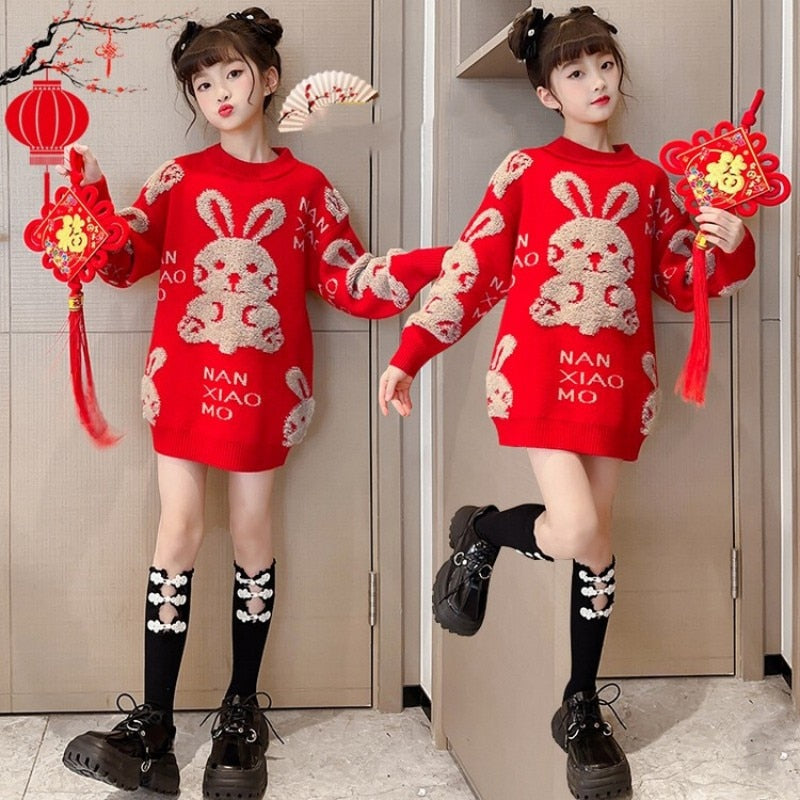 2023 Christmas New Year 110-170cm Family Matching Clothes Outfits Teenages Girls Knitted Rabbit Red Sweater For Mother Daughter