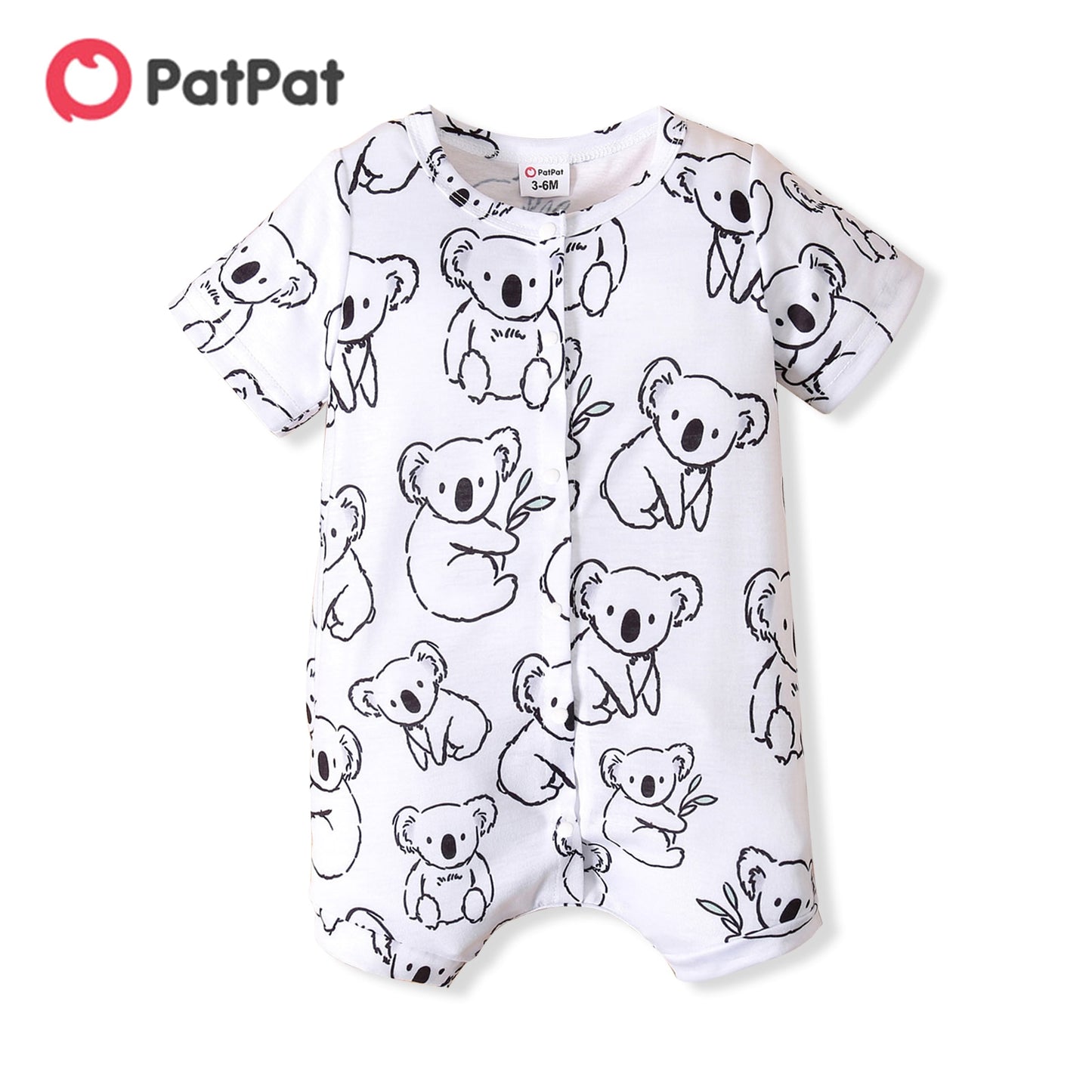 PatPat Baby Boy Koala Print White/Grey Striped Short-sleeve Snap Romper