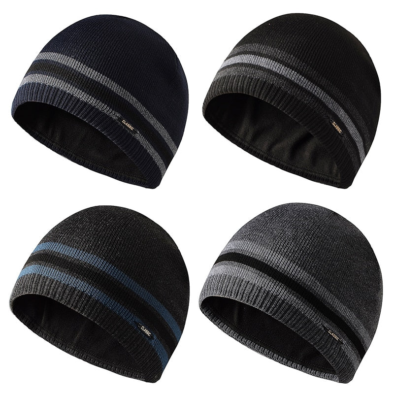 Fashion design striped straight edge warm beanie hat for men and women outdoor hiking skiing plush thick knitted pullover cap