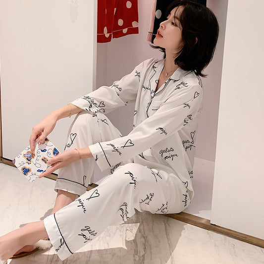 QSROCIO Simulation Silk Pajamas Women Summer Thin Long Sleeved Cardigan Two-piece Set Fashion Letter Printing Home Clothing