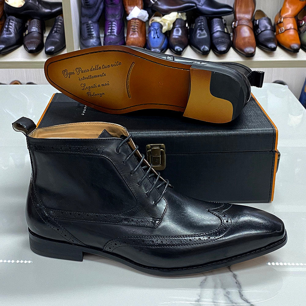 Classic Calfskin Real Leather Cowboy Boot Mens Lace Up Wingtip Pointed Toe Ankle Boots High Cut Formal Derby Shoes for Men