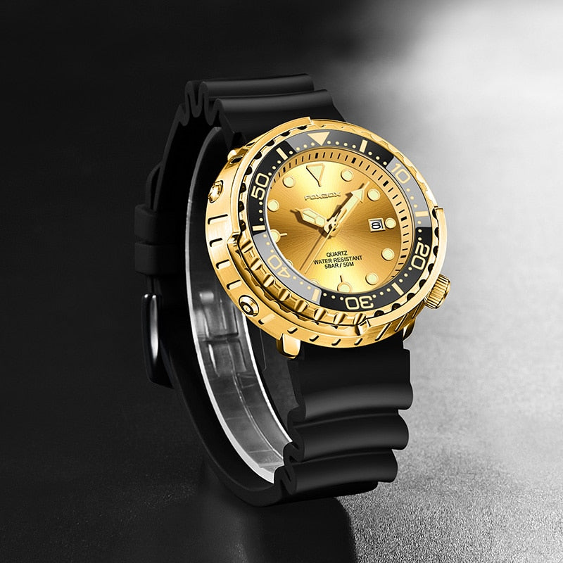 FOXBOX New Gold Fashion Watches Men Sports Silicone Watch Men  50M Waterproof Watches Golden Wristwatches Male Relogio Masculino