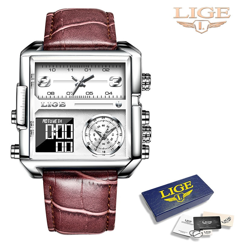 LIGE New Top Brand Luxury Fashion Men Watches Gold Steel Sport Square Digital Analog Big Quartz Watch for Man relogio masculino