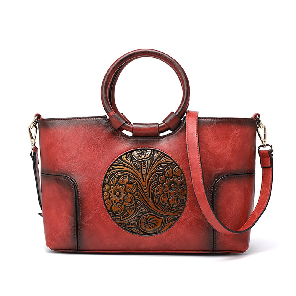 Women Shoulder Bag Female Small Square Bags Tote Pu Red Leather Chinese Style Textured Lady Flower Handbag Winter Spring Classic