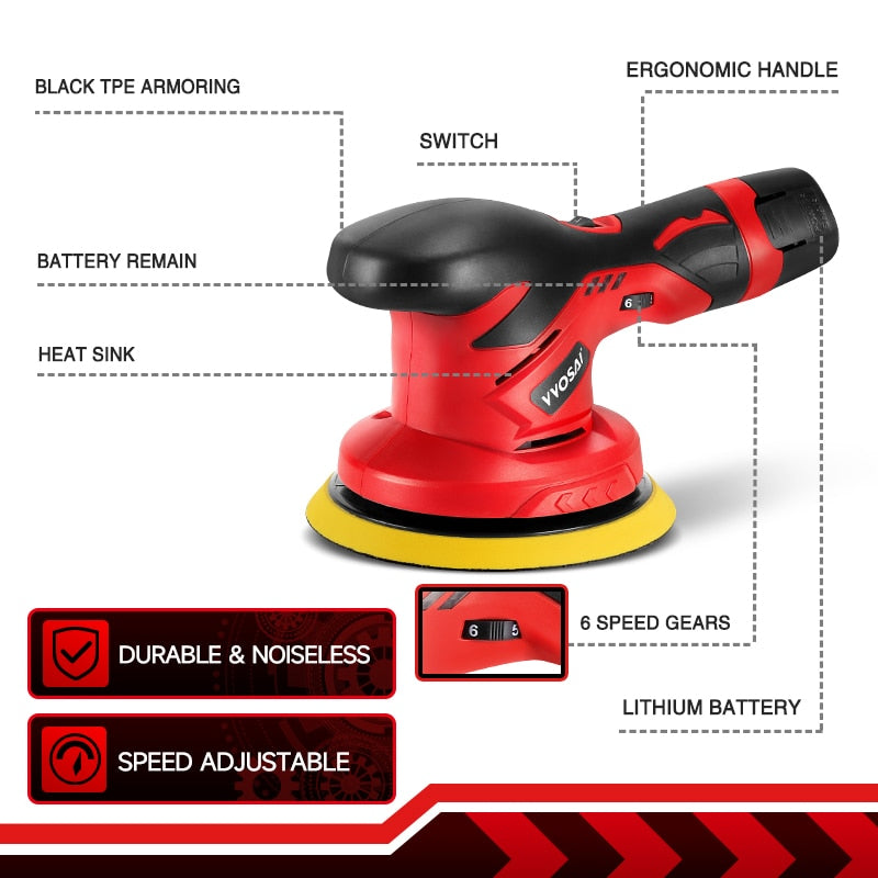 WOSAI 12V Cordless Car Polisher 6 Speed Adjustment Electric Dual Action Wireless Car Polishing Machine and Waxing Power Tools