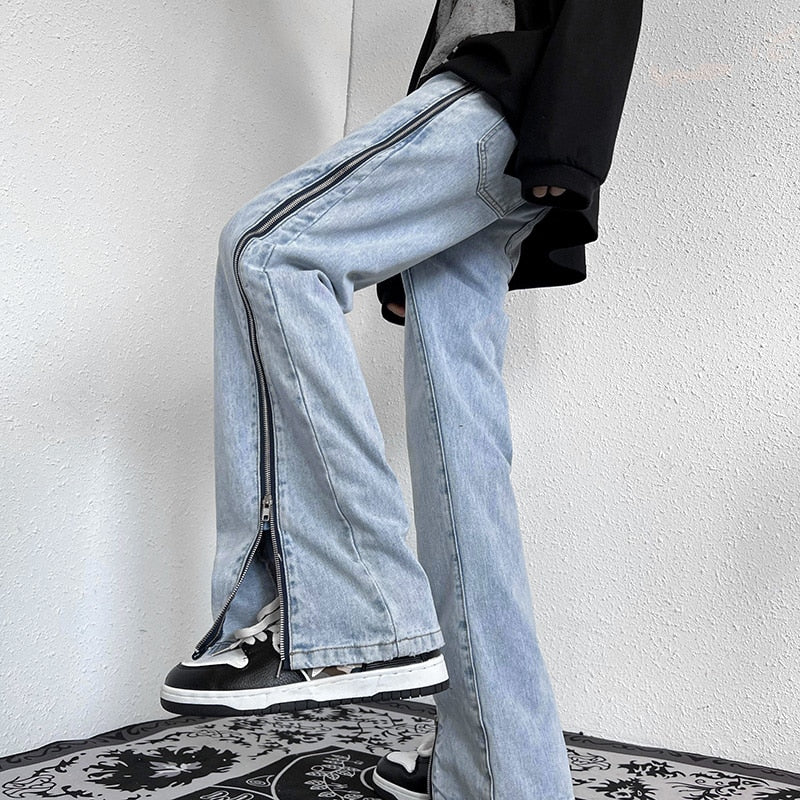 Fashion Zipper Trousers Blue Jeans Men 2022 Autumn New High Street Straight Denim Neutral Casual Jean Pants Male Vintage Gray