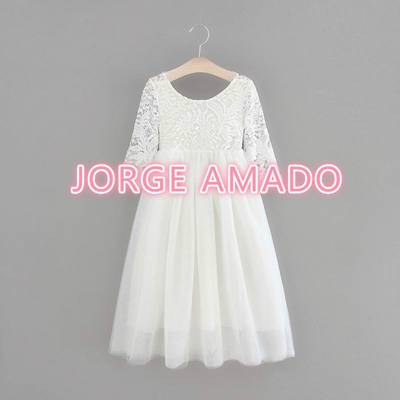 Princess Dress for Girls Ankle Length Wedding Party Dress Eyelash Back White Lace Beach Dress Children Clothing E15177