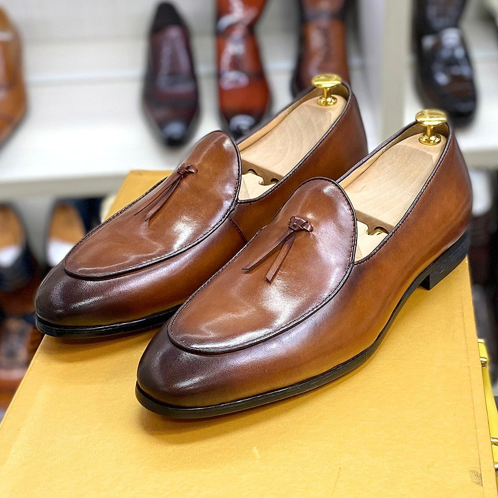 Classic Italian Style Mens Tassel Loafer Calf Genuine Leather Handcrafted Slip-on Wedding Dress Shoes Party Formal Shoe for Men