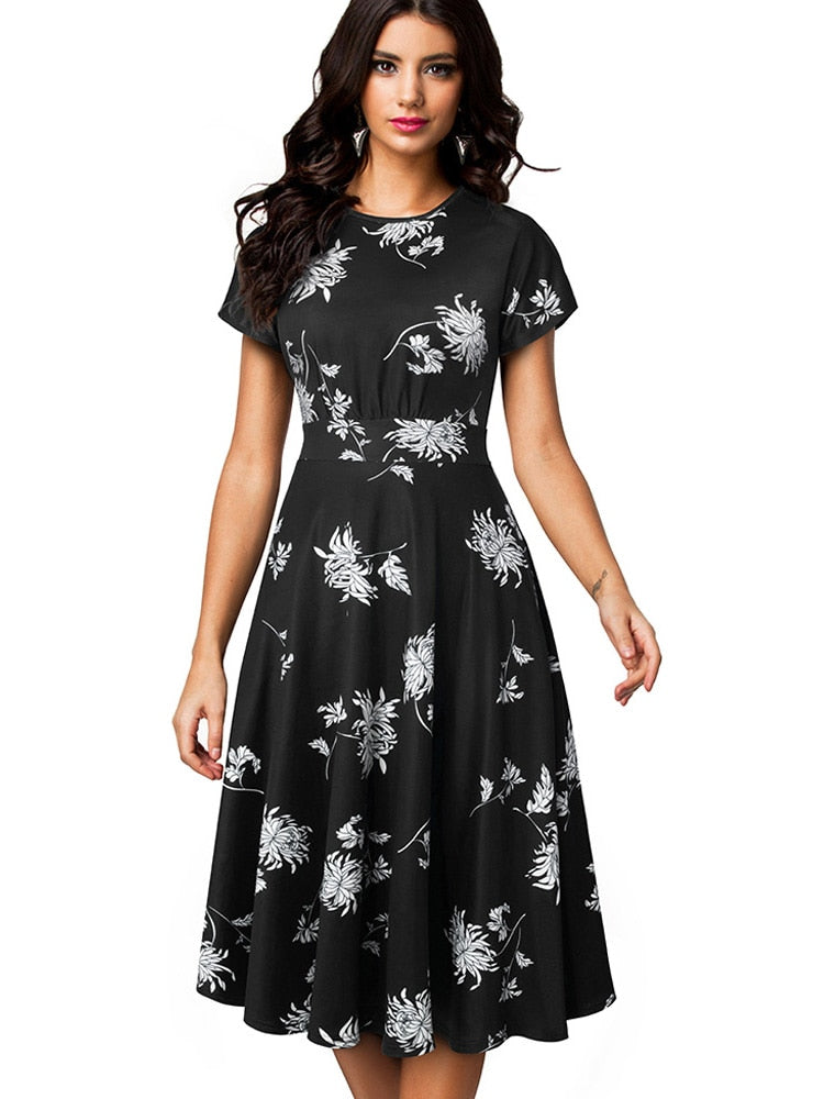 Nice-forever Vintage Elegant Floral Print Pleated Round neck vestidos A-Line Pinup Business Party Women Flare Swing Dress A102