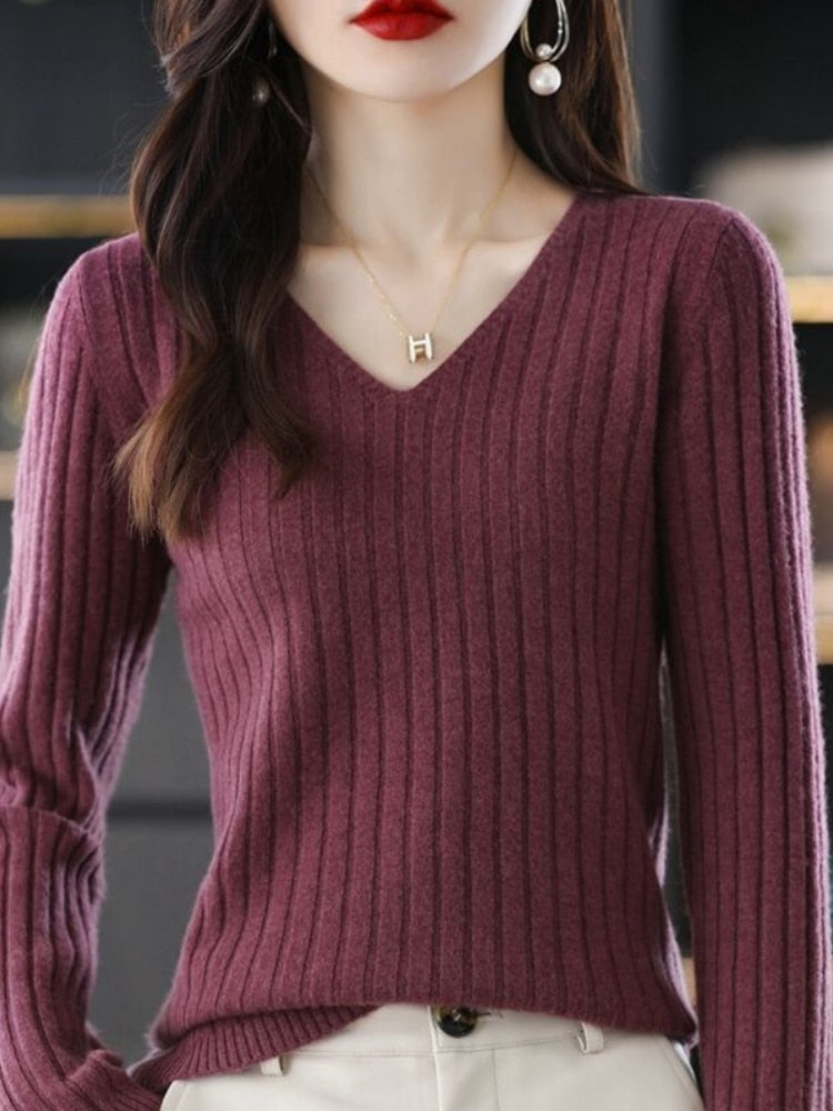 Women Sweater Long Sleeve Top Knitted Pullover V-Neck Fashion Sweater Woman Winter 2022 Basic Female Clothing Soild OL Sweaters