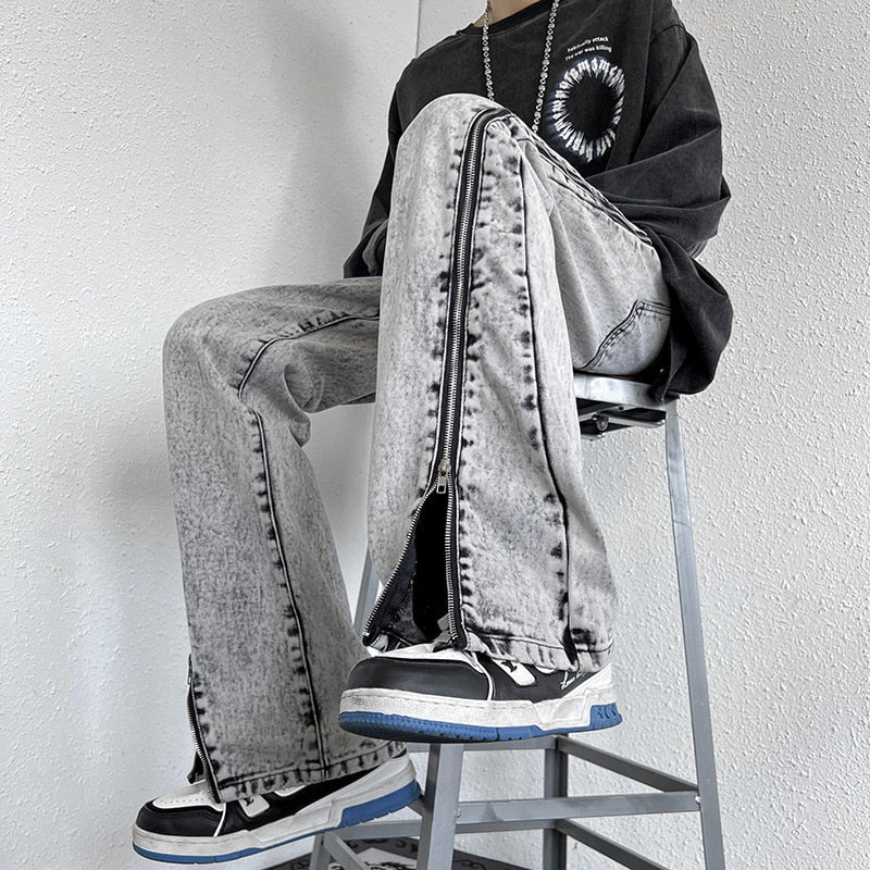 Fashion Zipper Trousers Blue Jeans Men 2022 Autumn New High Street Straight Denim Neutral Casual Jean Pants Male Vintage Gray