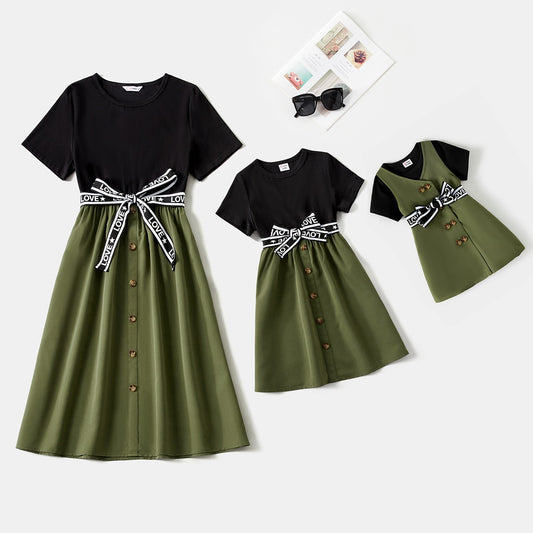 PatPat Mommy and Me Button Front Letter Belted Solid Spliced Short-sleeve Dresses