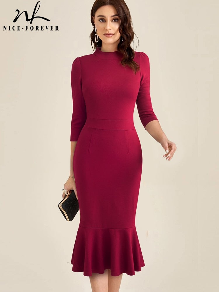 Nice-Forever Autumn Women Classy Stand Collar Plain Dresses Formal Party Elegant Mermaid Dress B741